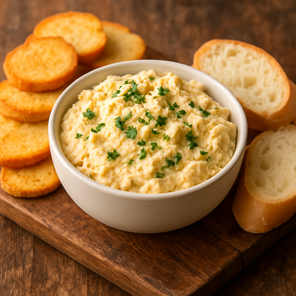 patê de frango cremoso em tigela branca com salsinha e torradinhas ao lado
