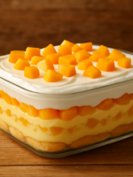 pavê com fruta em travessa de vidro com camadas de biscoito champanhe, creme e pêssego em calda