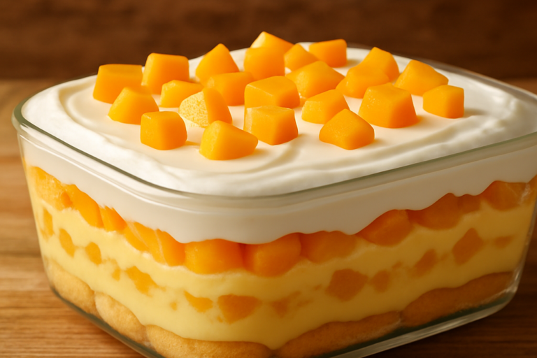 pavê com fruta em travessa de vidro com camadas de biscoito champanhe, creme e pêssego em calda