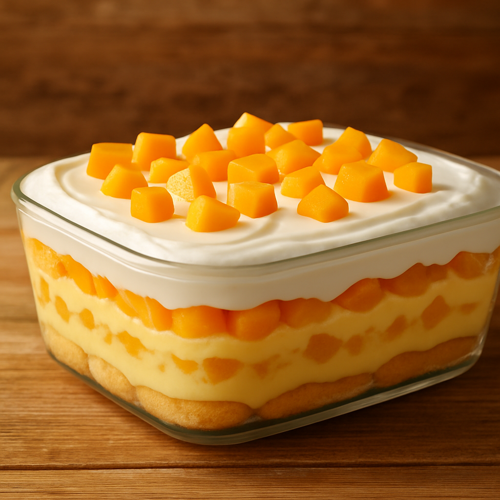 pavê com fruta em travessa de vidro com camadas de biscoito champanhe, creme e pêssego em calda