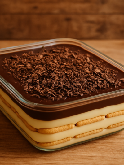 Pavê de creme em travessa de vidro com camadas de biscoito, creme aveludado e cobertura de chocolate