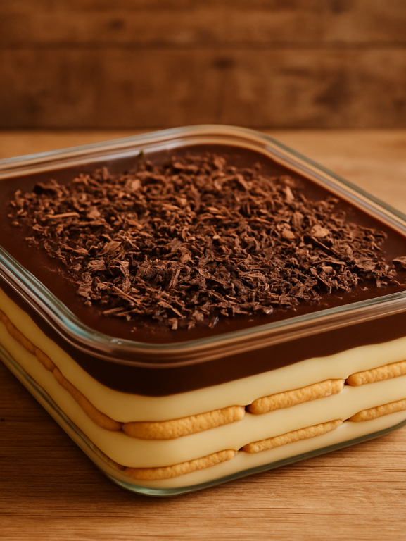 Pavê de creme em travessa de vidro com camadas de biscoito, creme aveludado e cobertura de chocolate