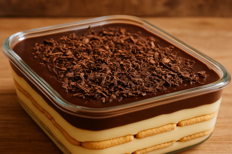 Pavê de creme em travessa de vidro com camadas de biscoito, creme aveludado e cobertura de chocolate