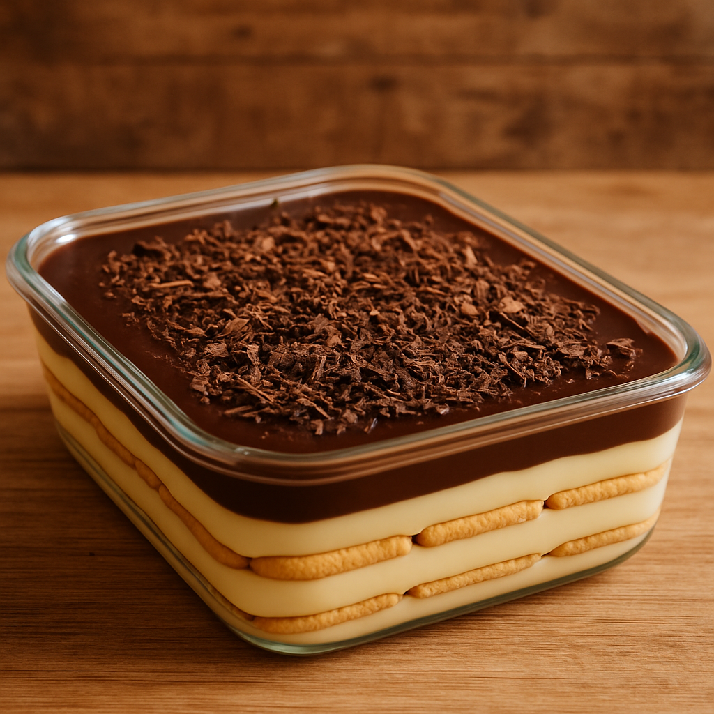 Pavê de creme em travessa de vidro com camadas de biscoito, creme aveludado e cobertura de chocolate