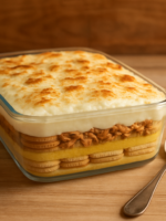 pavê de frango cremoso em refratário de vidro com camadas de bolacha, creme de milho e cobertura gratinada