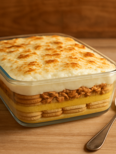 pavê de frango cremoso em refratário de vidro com camadas de bolacha, creme de milho e cobertura gratinada