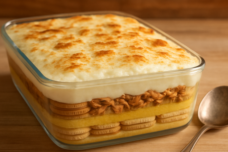 pavê de frango cremoso em refratário de vidro com camadas de bolacha, creme de milho e cobertura gratinada