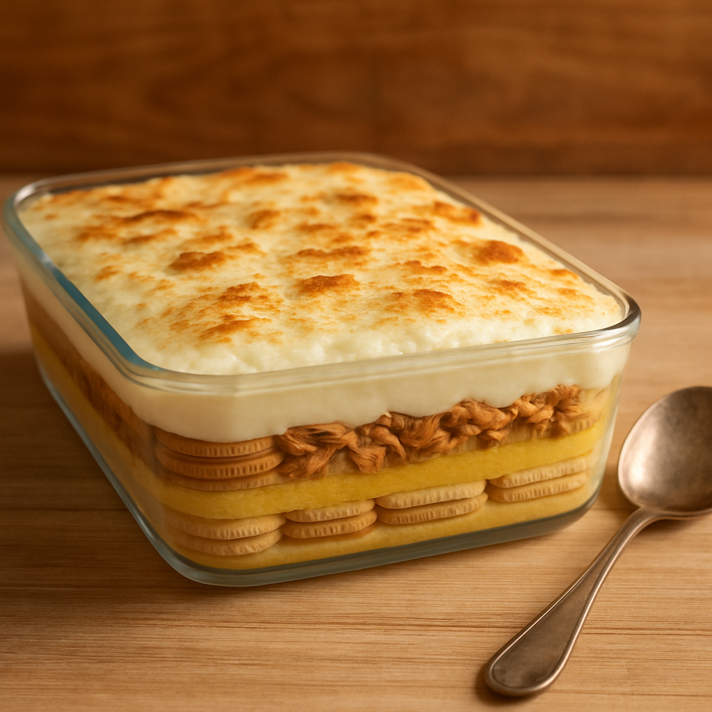 pavê de frango cremoso em refratário de vidro com camadas de bolacha, creme de milho e cobertura gratinada