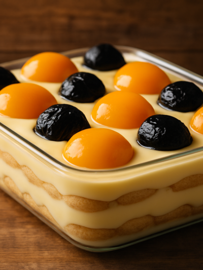 Pavê Sonho de Amor da Mariinha Mota em travessa de vidro com camadas de creme de limão, biscoito champagne, ameixa e pêssego