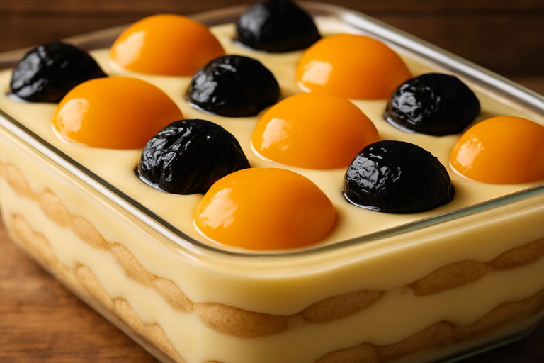 Pavê Sonho de Amor da Mariinha Mota em travessa de vidro com camadas de creme de limão, biscoito champagne, ameixa e pêssego