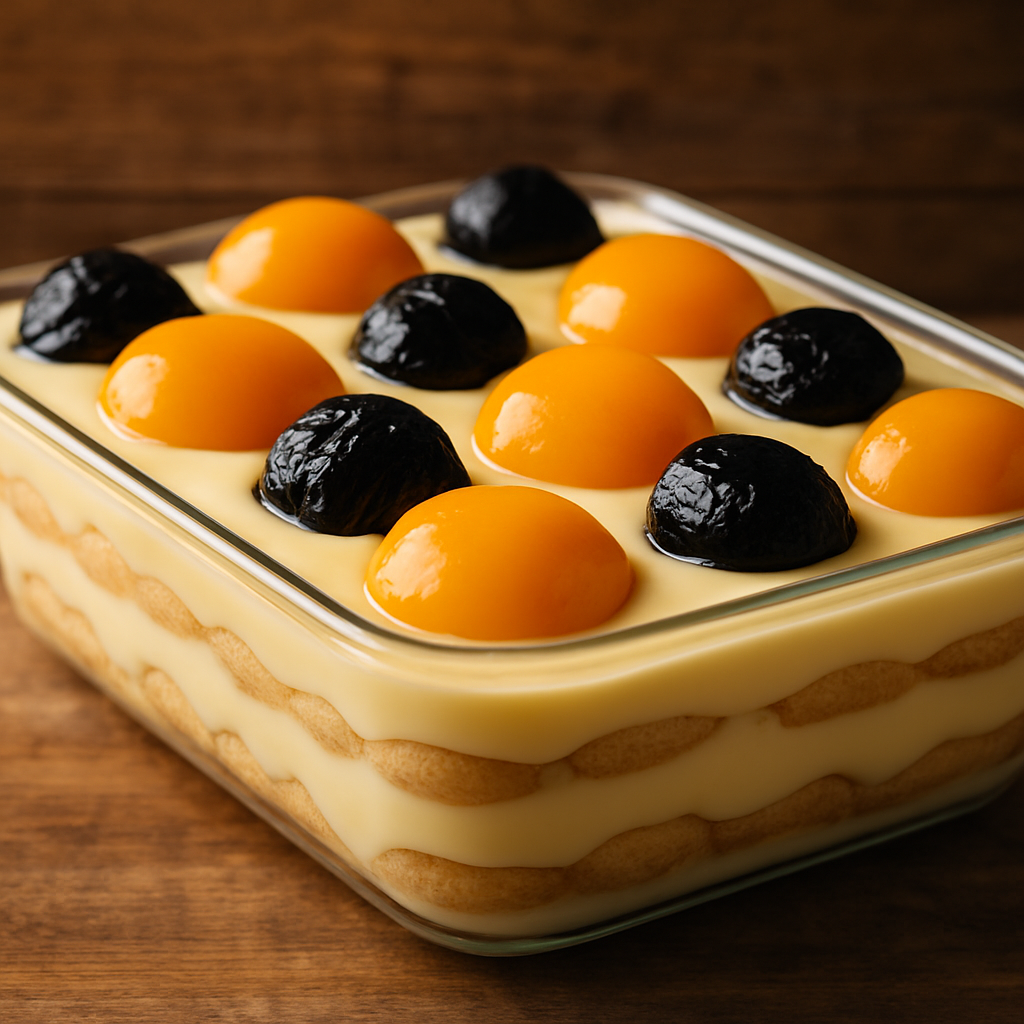 Pavê Sonho de Amor da Mariinha Mota em travessa de vidro com camadas de creme de limão, biscoito champagne, ameixa e pêssego