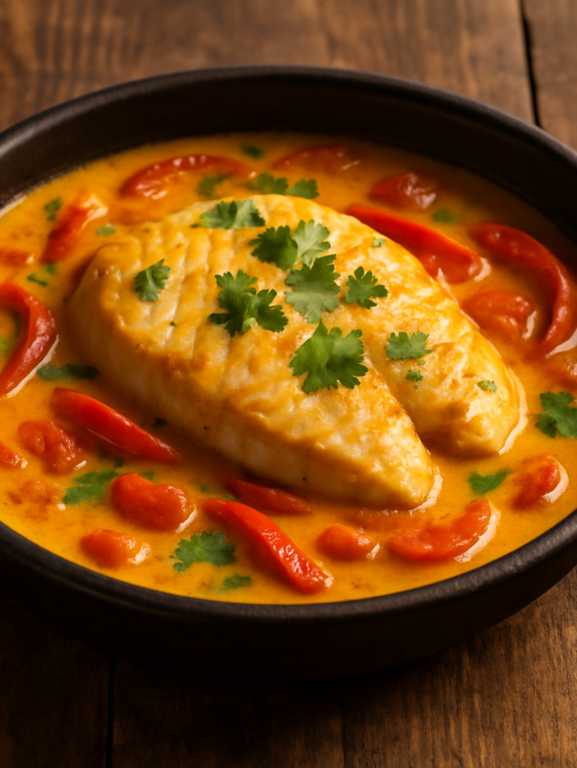 peixe ao leite de coco cremoso com pimentão e coentro fresco servido em panela de barro