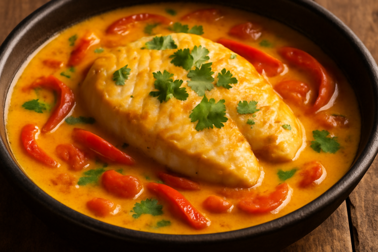 peixe ao leite de coco cremoso com pimentão e coentro fresco servido em panela de barro