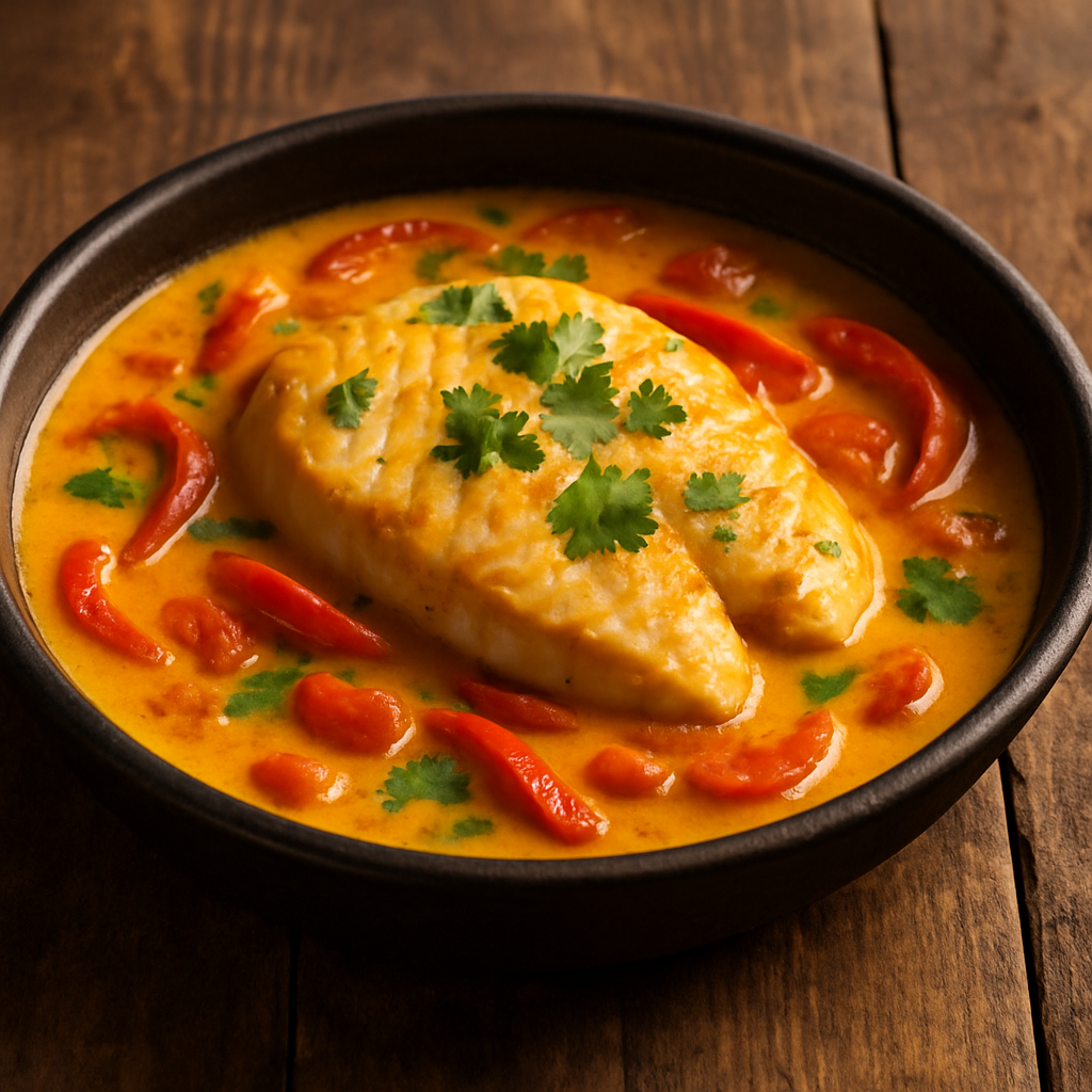 peixe ao leite de coco cremoso com pimentão e coentro fresco servido em panela de barro