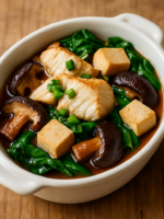 peixe assado com saquê em refratário individual com cogumelos, tofu e molho ponzu