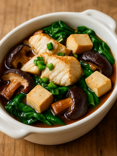 peixe assado com saquê em refratário individual com cogumelos, tofu e molho ponzu