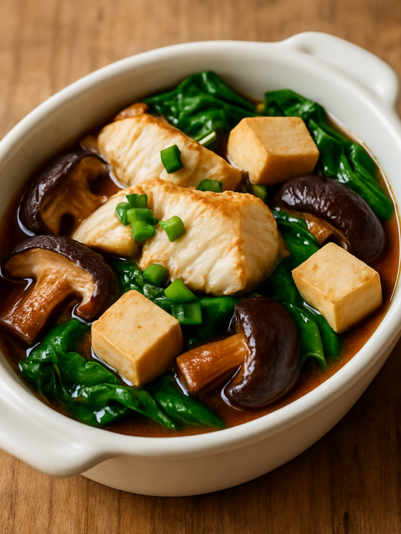 peixe assado com saquê em refratário individual com cogumelos, tofu e molho ponzu