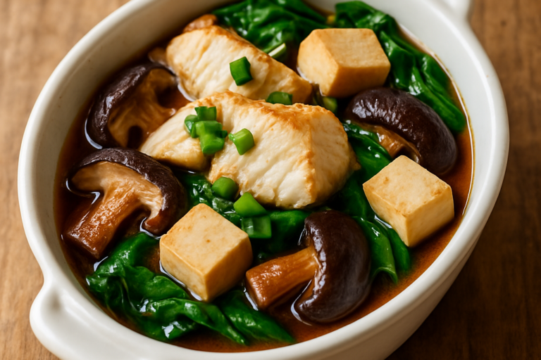 peixe assado com saquê em refratário individual com cogumelos, tofu e molho ponzu