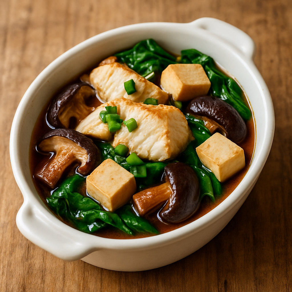 peixe assado com saquê em refratário individual com cogumelos, tofu e molho ponzu