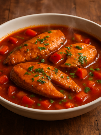 Peixe Ensopado ao Molho Vermelho servido em prato fundo com postas suculentas e molho encorpado de tomate e pimentão