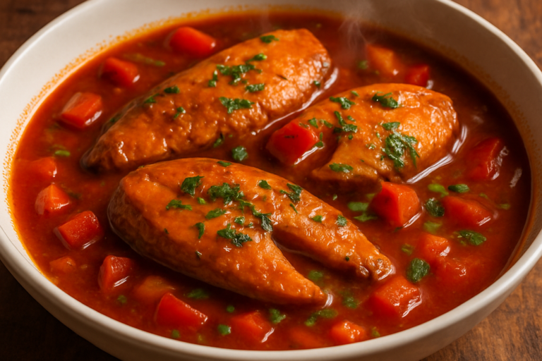 Peixe Ensopado ao Molho Vermelho servido em prato fundo com postas suculentas e molho encorpado de tomate e pimentão