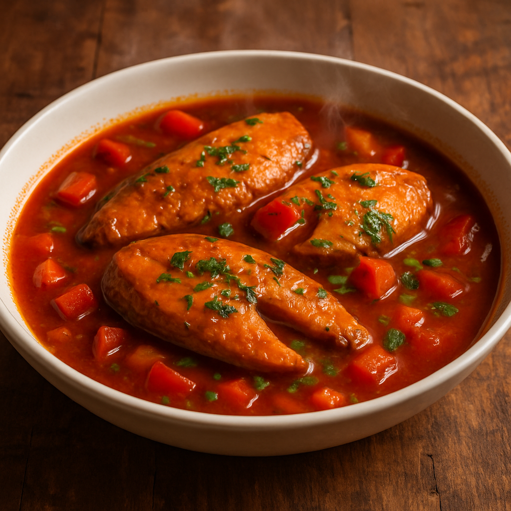 Peixe Ensopado ao Molho Vermelho servido em prato fundo com postas suculentas e molho encorpado de tomate e pimentão