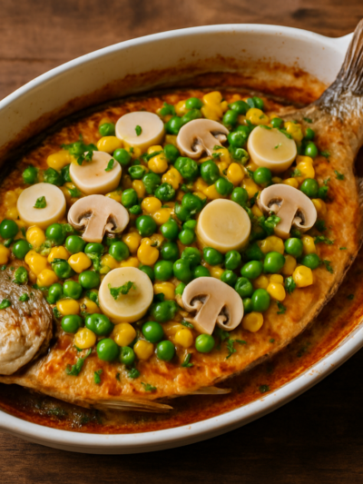 Peixe espalmado com legumes assado em refratário, coberto com milho, ervilha, cogumelo e palmito coloridos