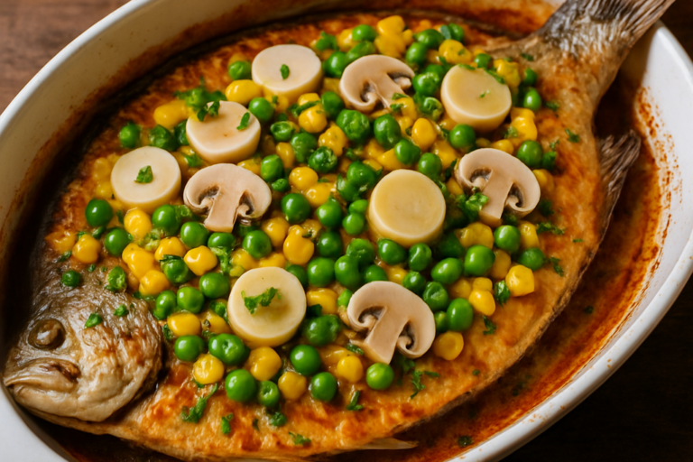 Peixe espalmado com legumes assado em refratário, coberto com milho, ervilha, cogumelo e palmito coloridos