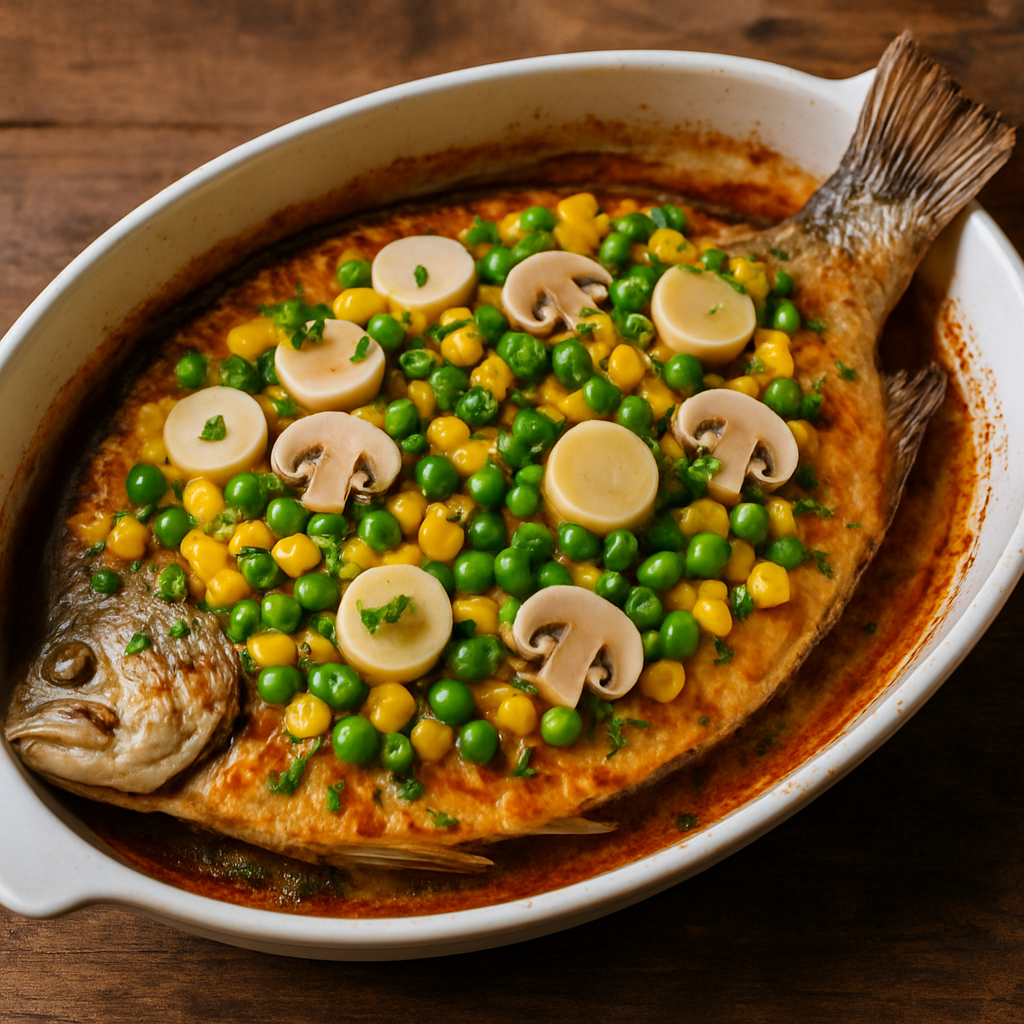 Peixe espalmado com legumes assado em refratário, coberto com milho, ervilha, cogumelo e palmito coloridos