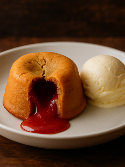 Petit gateau de queijo minas com goiabada cascão aberto mostrando recheio derretido vermelho em prato branco