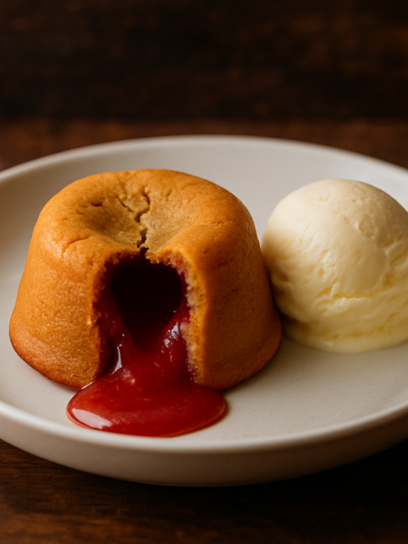 Petit gateau de queijo minas com goiabada cascão aberto mostrando recheio derretido vermelho em prato branco