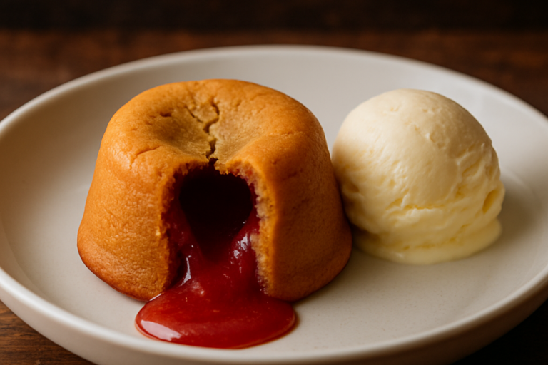 Petit gateau de queijo minas com goiabada cascão aberto mostrando recheio derretido vermelho em prato branco