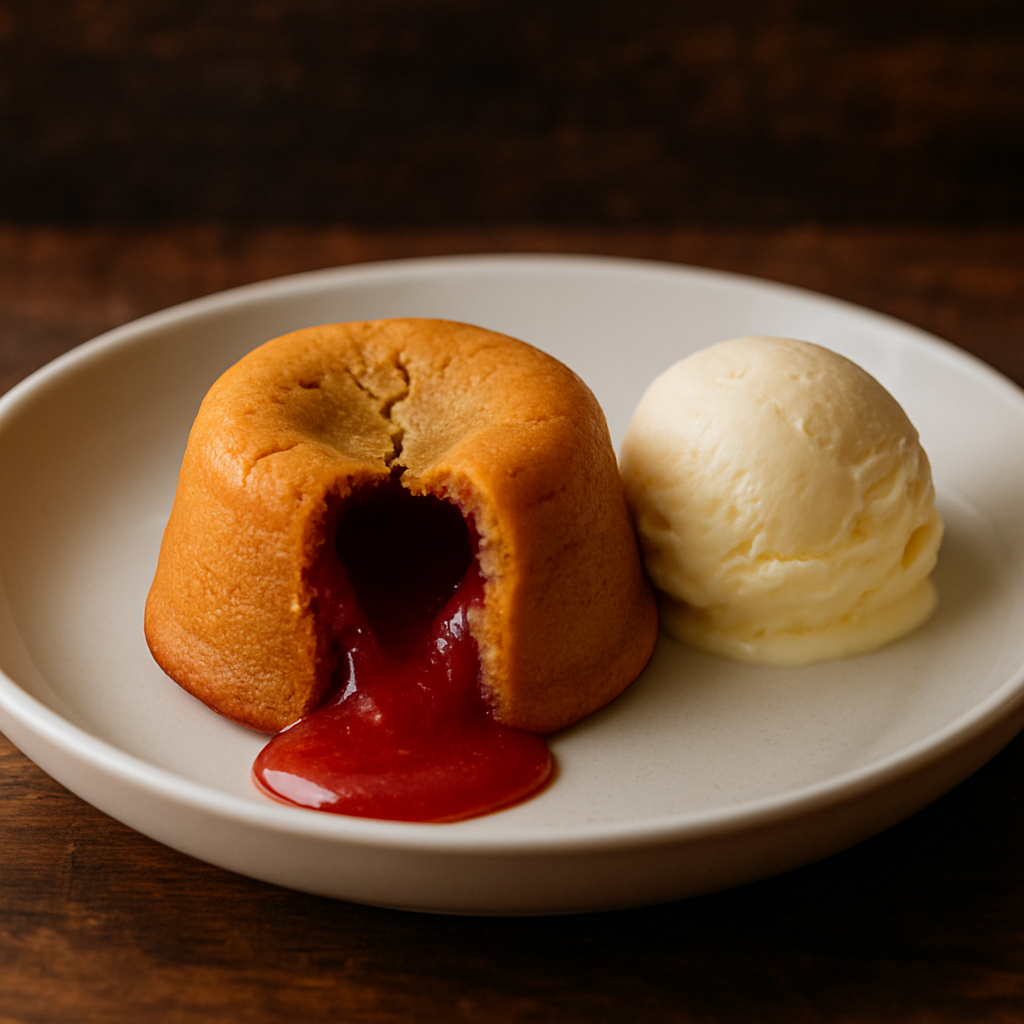 Petit gateau de queijo minas com goiabada cascão aberto mostrando recheio derretido vermelho em prato branco