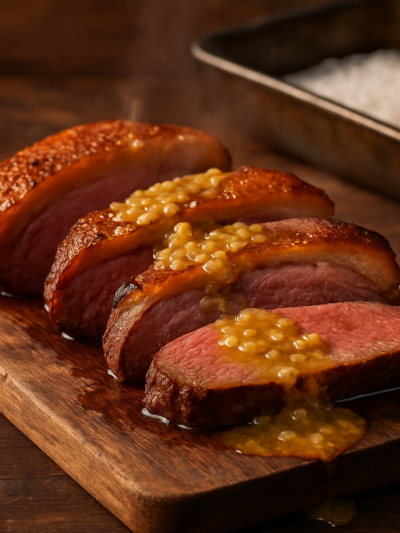 Picanha ao Forno com Sal Grosso fatiada sobre tábua de madeira com molho de manteiga e cebola dourada