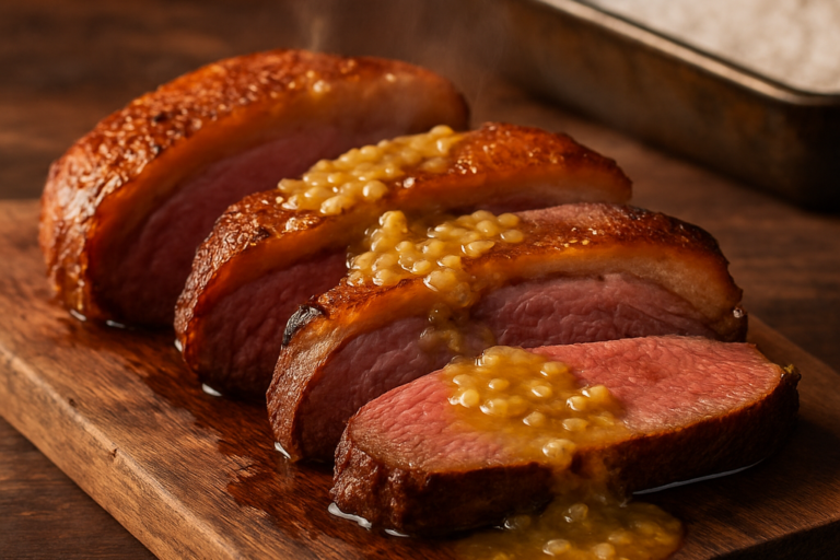 Picanha ao Forno com Sal Grosso fatiada sobre tábua de madeira com molho de manteiga e cebola dourada