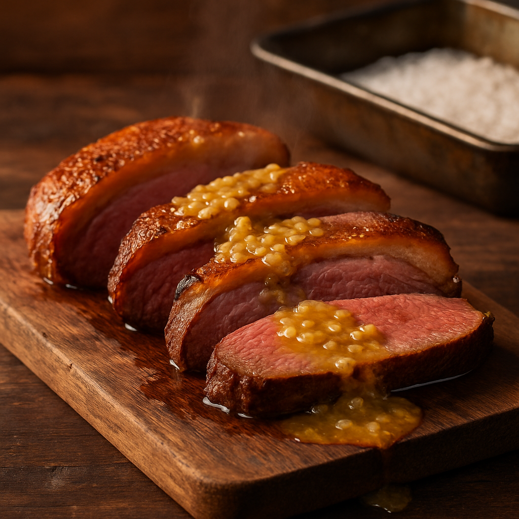 Picanha ao Forno com Sal Grosso fatiada sobre tábua de madeira com molho de manteiga e cebola dourada