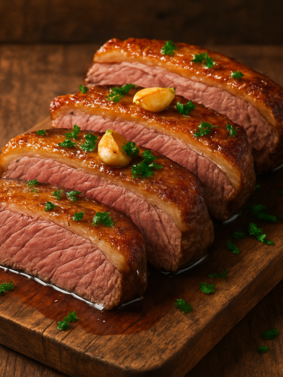 Picanha no alho assada fatiada em tábua de madeira com crosta dourada e alho caramelizado