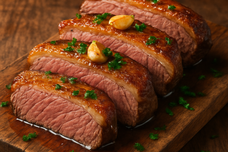 Picanha no alho assada fatiada em tábua de madeira com crosta dourada e alho caramelizado