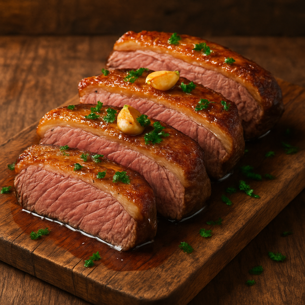Picanha no alho assada fatiada em tábua de madeira com crosta dourada e alho caramelizado