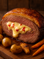 Picanha recheada com queijo provolone derretido fatiada em tábua de madeira com legumes assados ao redor