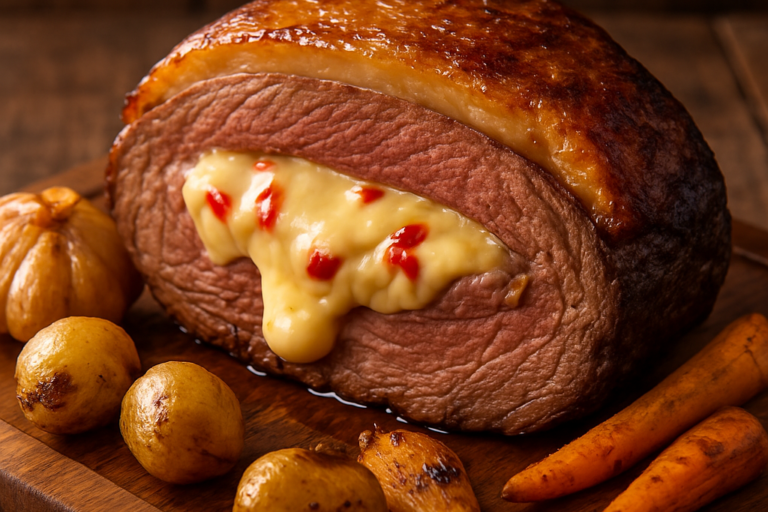 Picanha recheada com queijo provolone derretido fatiada em tábua de madeira com legumes assados ao redor