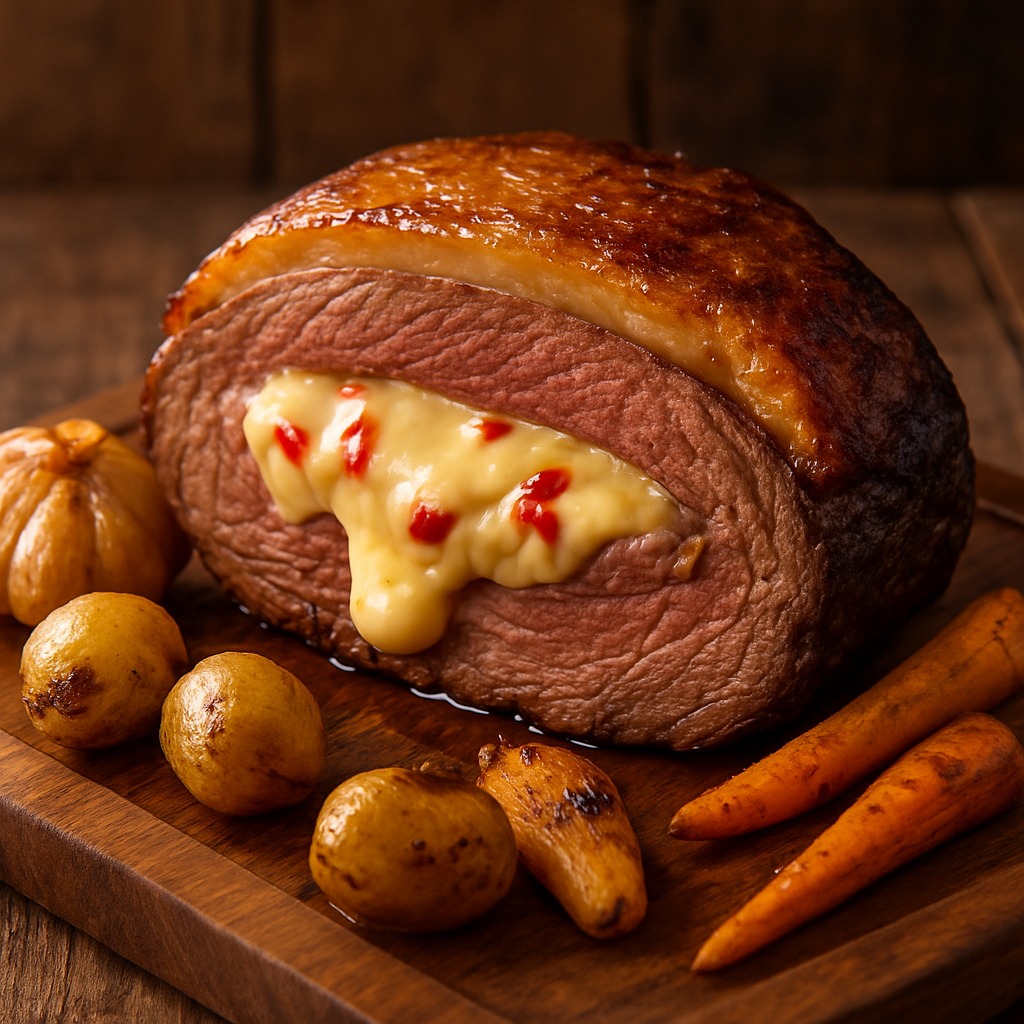 Picanha recheada com queijo provolone derretido fatiada em tábua de madeira com legumes assados ao redor