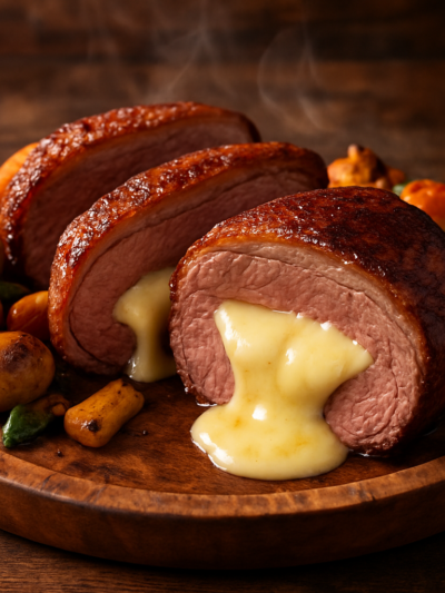 Picanha recheada com queijo fatiada em tábua de madeira com legumes assados ao redor