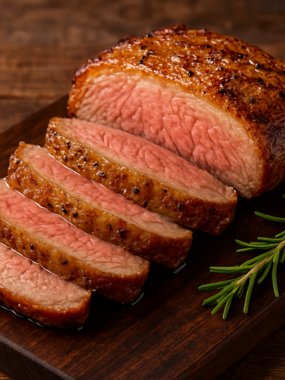 Picanha sem açúcar fatiada em tábua de madeira com crosta de ervas e miolo rosado suculento