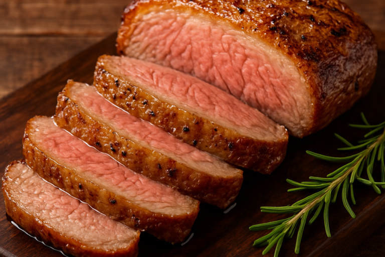 Picanha sem açúcar fatiada em tábua de madeira com crosta de ervas e miolo rosado suculento