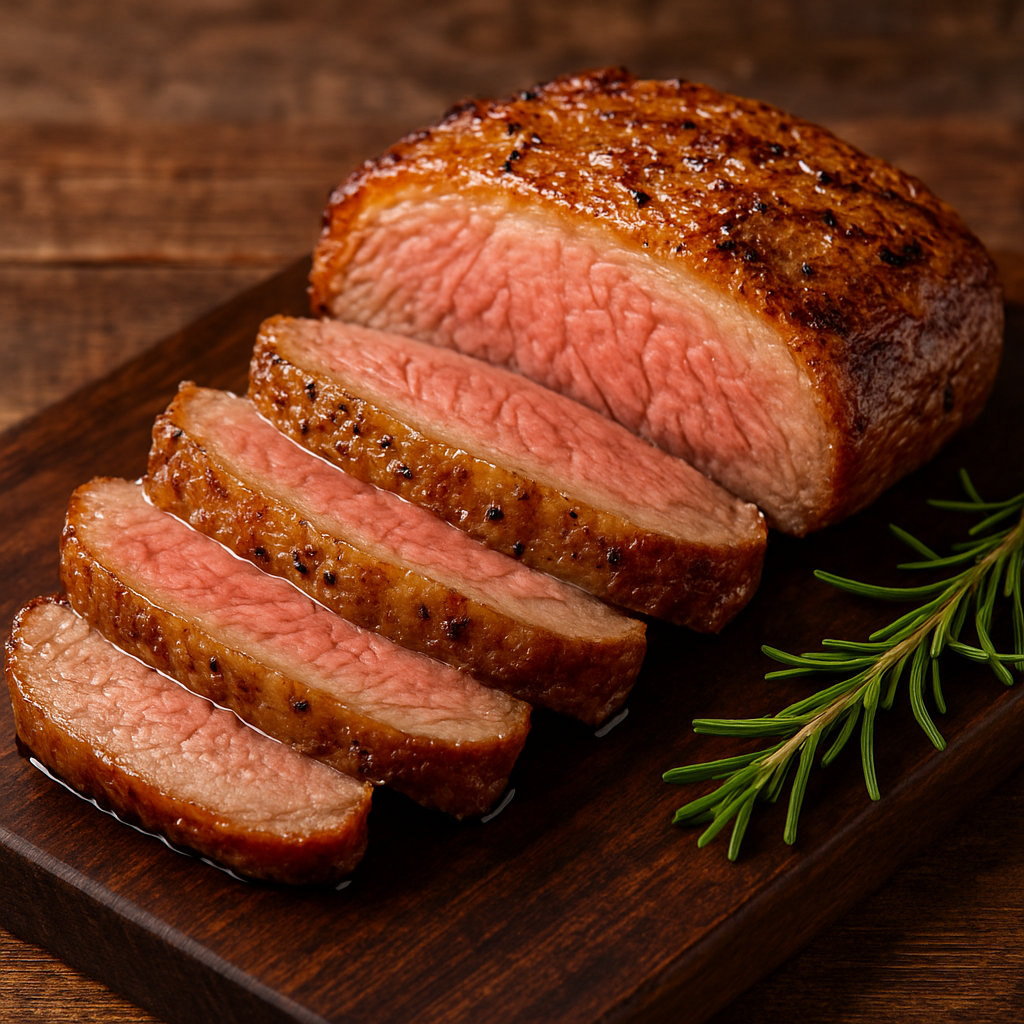 Picanha sem açúcar fatiada em tábua de madeira com crosta de ervas e miolo rosado suculento