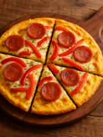 Pizalete pizza omelete de frigideira com queijo derretido, calabresa e pimentão, cortado em fatias sobre tábua de madeira