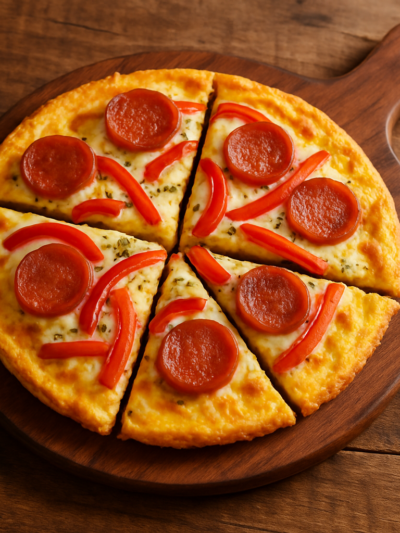 Pizalete pizza omelete de frigideira com queijo derretido, calabresa e pimentão, cortado em fatias sobre tábua de madeira
