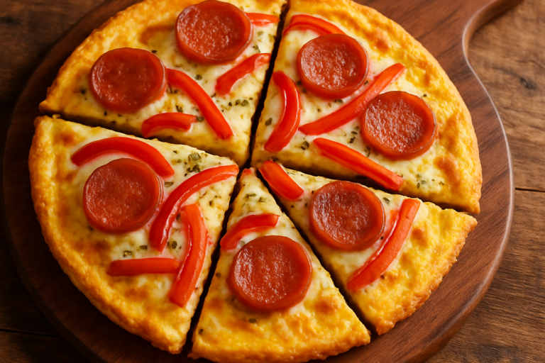 Pizalete pizza omelete de frigideira com queijo derretido, calabresa e pimentão, cortado em fatias sobre tábua de madeira