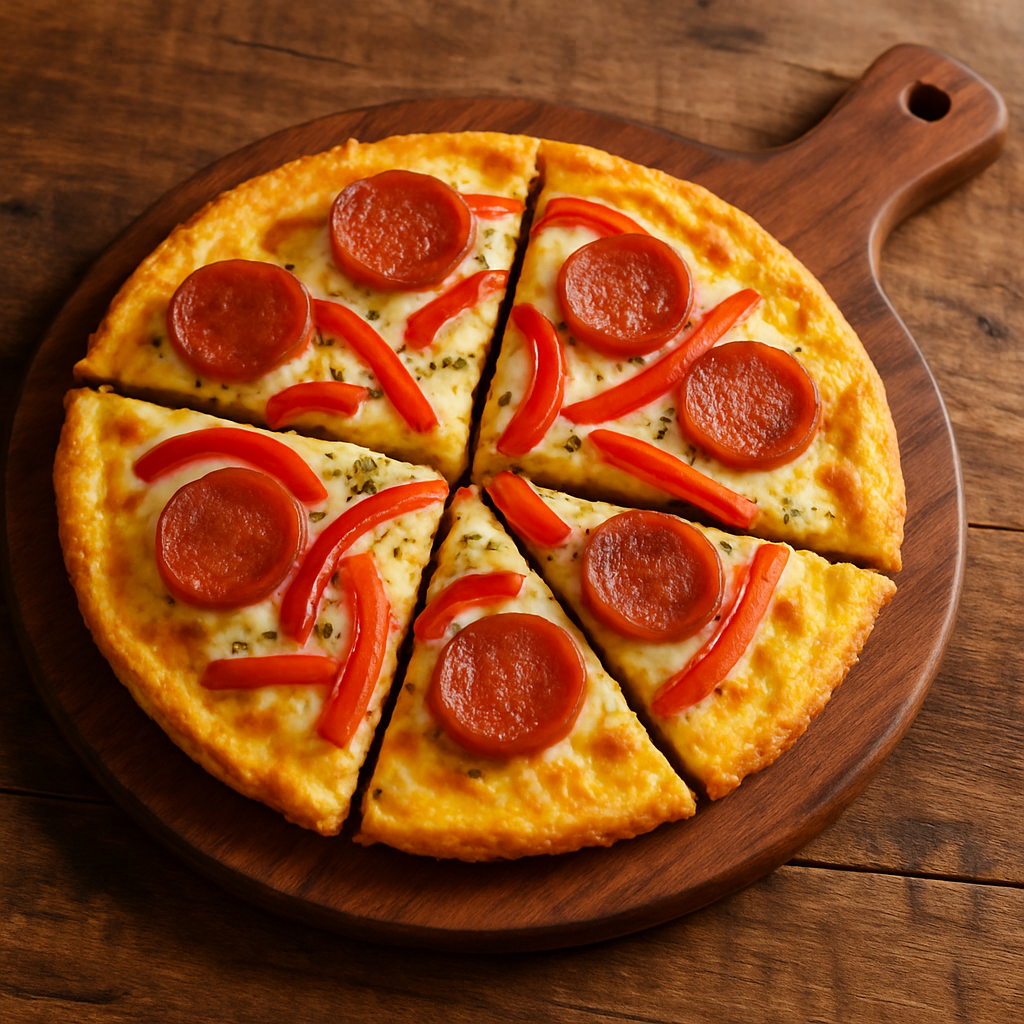 Pizalete pizza omelete de frigideira com queijo derretido, calabresa e pimentão, cortado em fatias sobre tábua de madeira